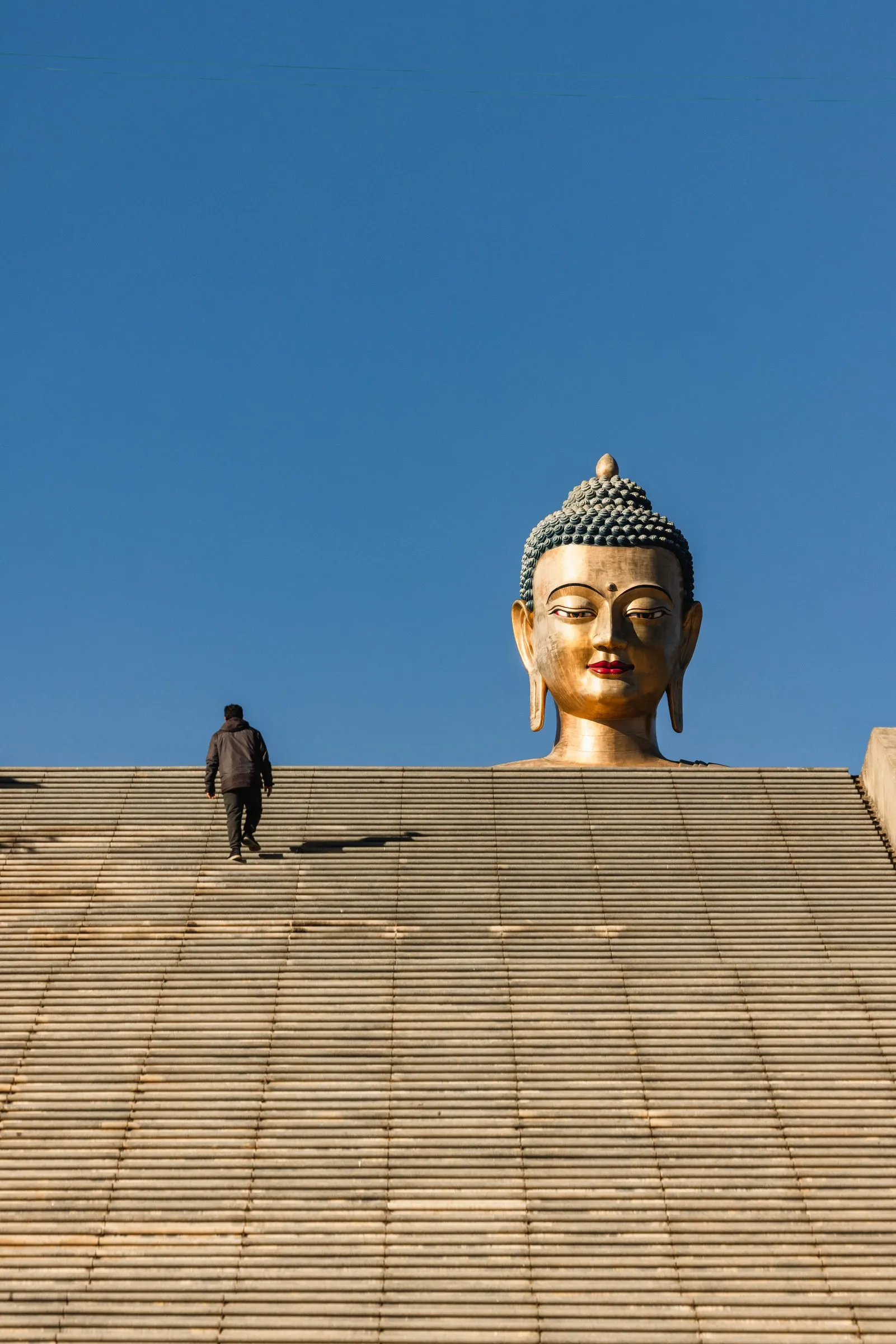 A figure climbing wide steps towards a golden Buddha statue
