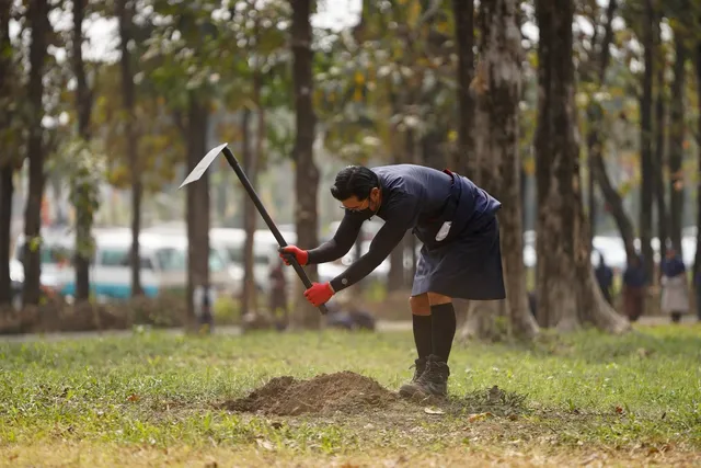 A man in traditional dress and red gloves digging with a hoe among tall trees