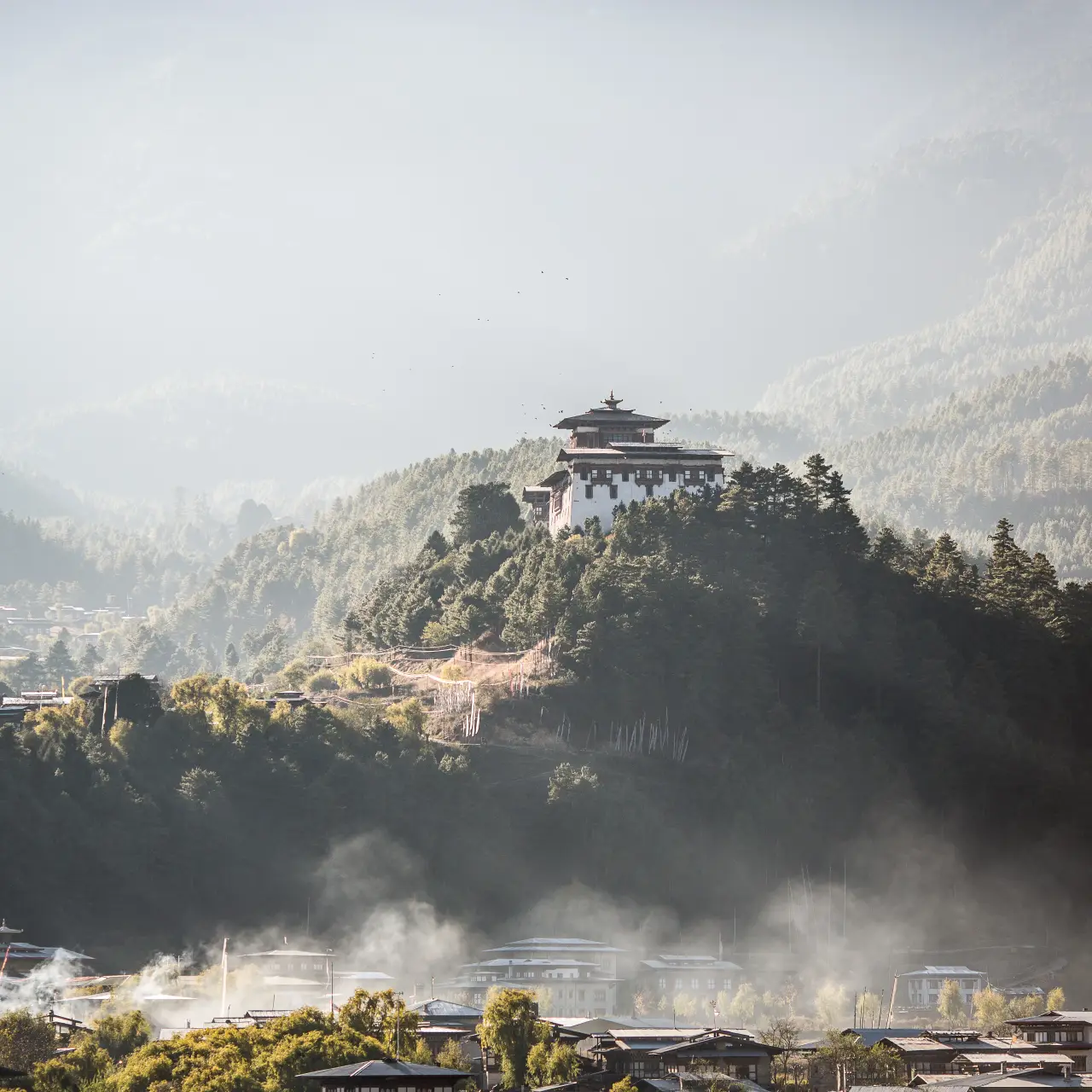 Misty mountain ridgelines in Bhutan