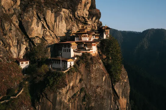 Paro Taktsang, the Tiger's Nest monastery, set into a cliffside in Bhutan